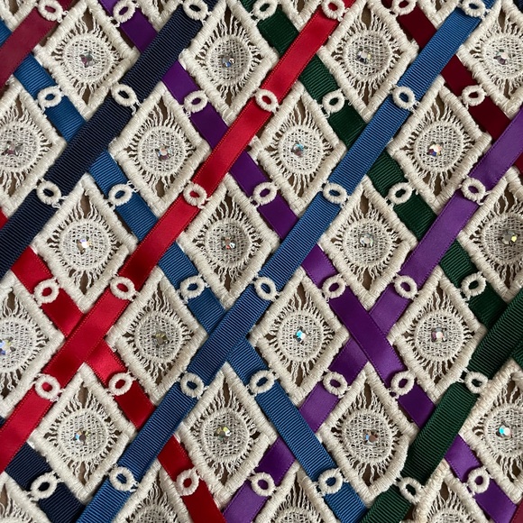 Vintage Embroidered Multicolor Ribbon Spaghetti Straps Sparkly Crop Top - Picture 6 of 7